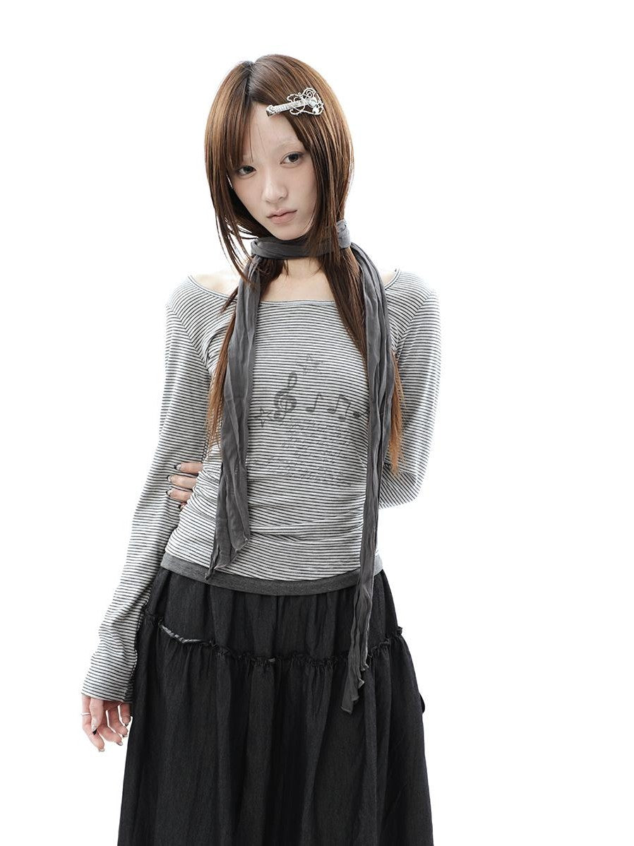 ang project Music Note Print Ruched Striped Patchwork Women&