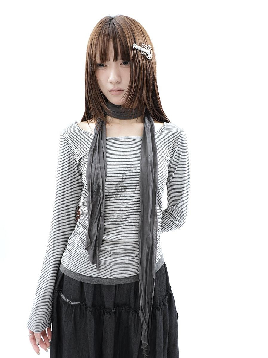 ang project Music Note Print Ruched Striped Patchwork Women&