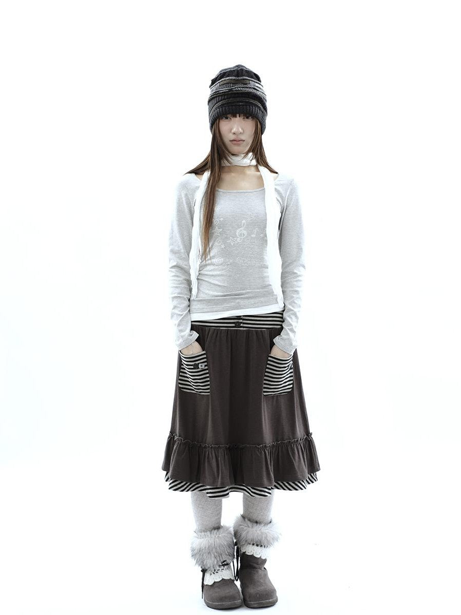 ang project Music Note Print Ruched Striped Patchwork Women&