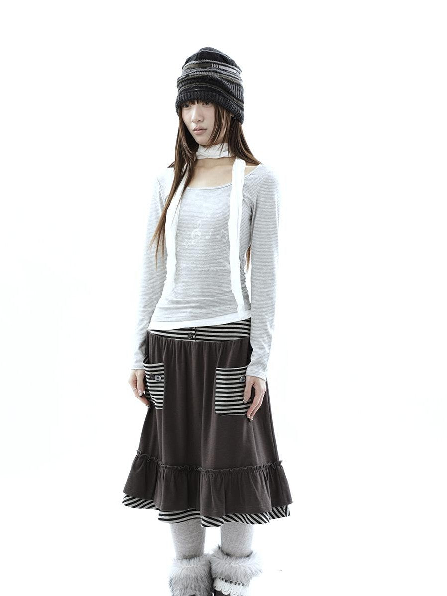 ang project Music Note Print Ruched Striped Patchwork Women&