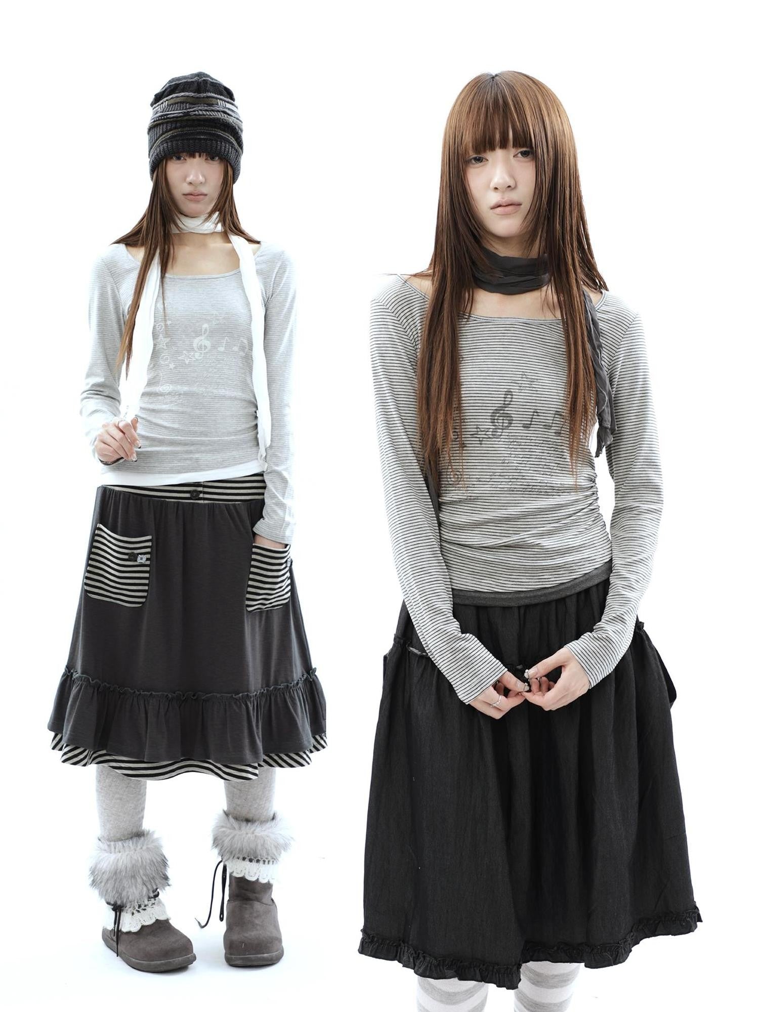ang project Music Note Print Ruched Striped Patchwork Women&