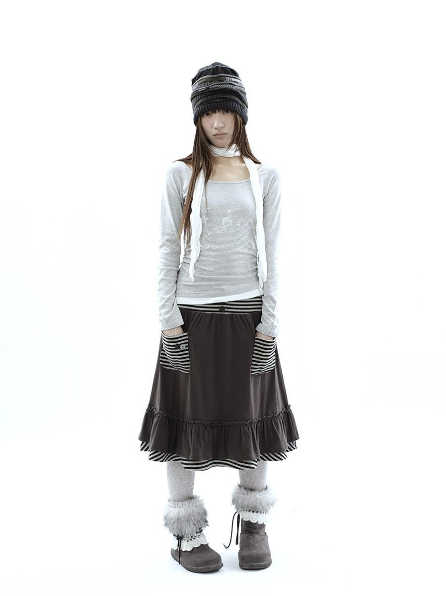 ang project Music Note Print Ruched Striped Patchwork Women&