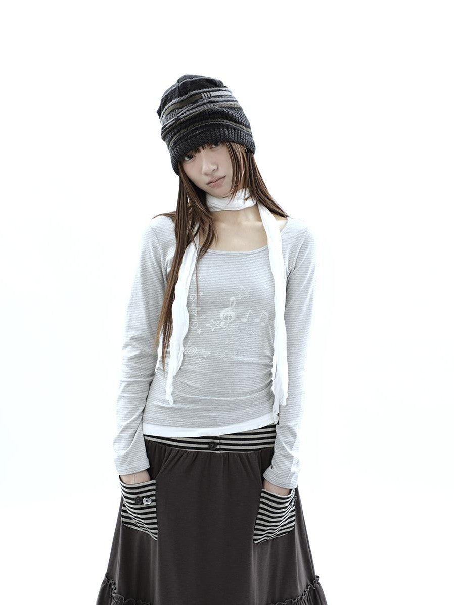 ang project Music Note Print Ruched Striped Patchwork Women&