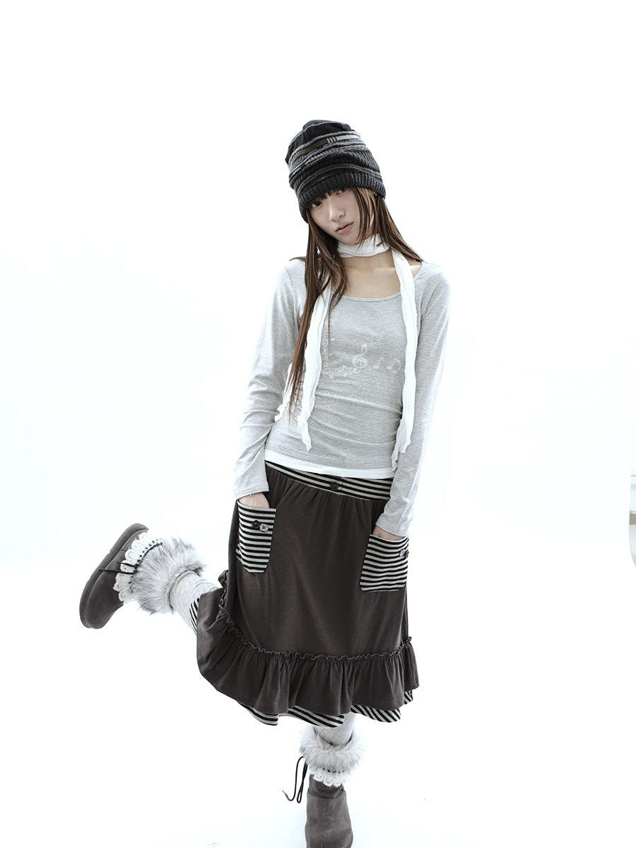 ang project Music Note Print Ruched Striped Patchwork Women&