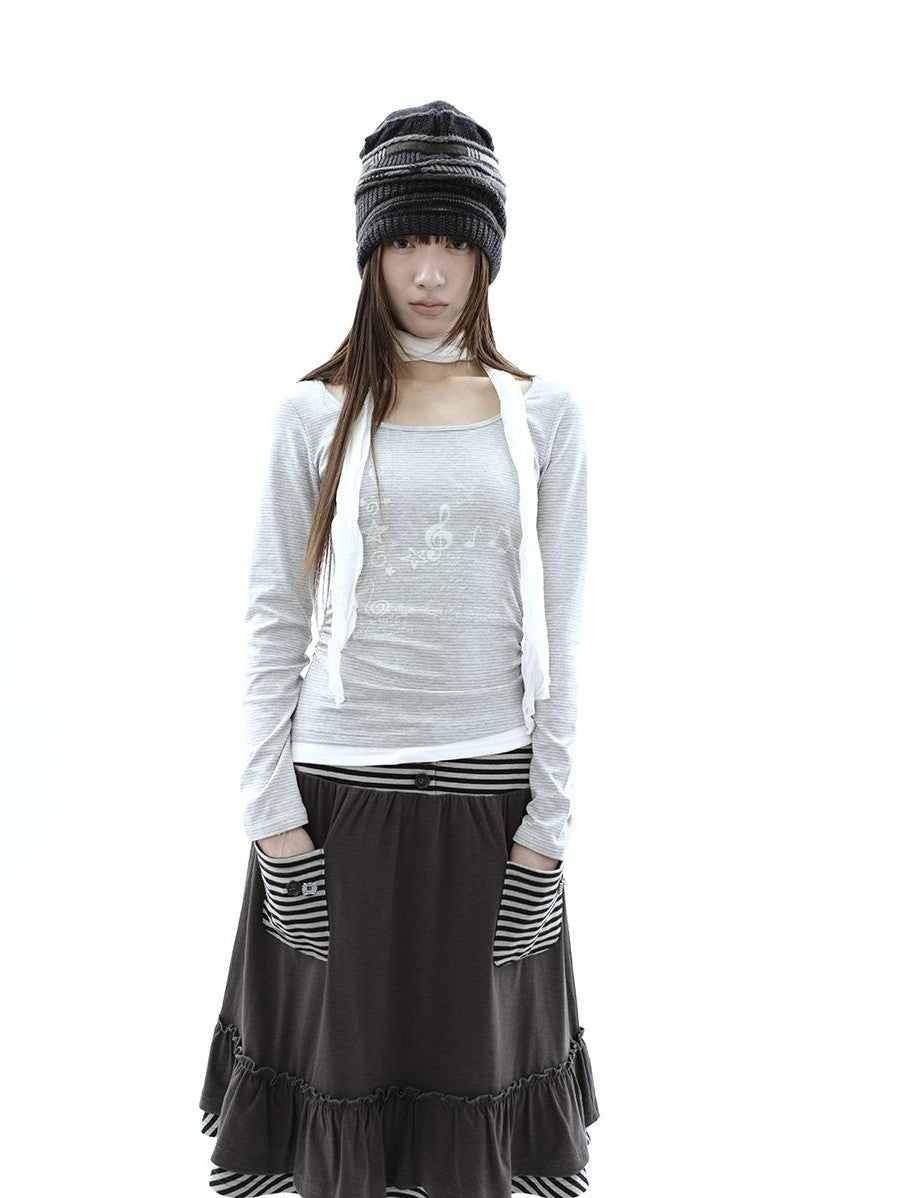 ang project Music Note Print Ruched Striped Patchwork Women&