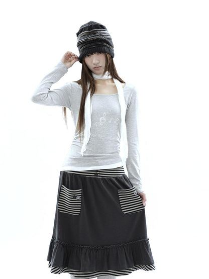 ang project Music Note Print Ruched Striped Patchwork Women&