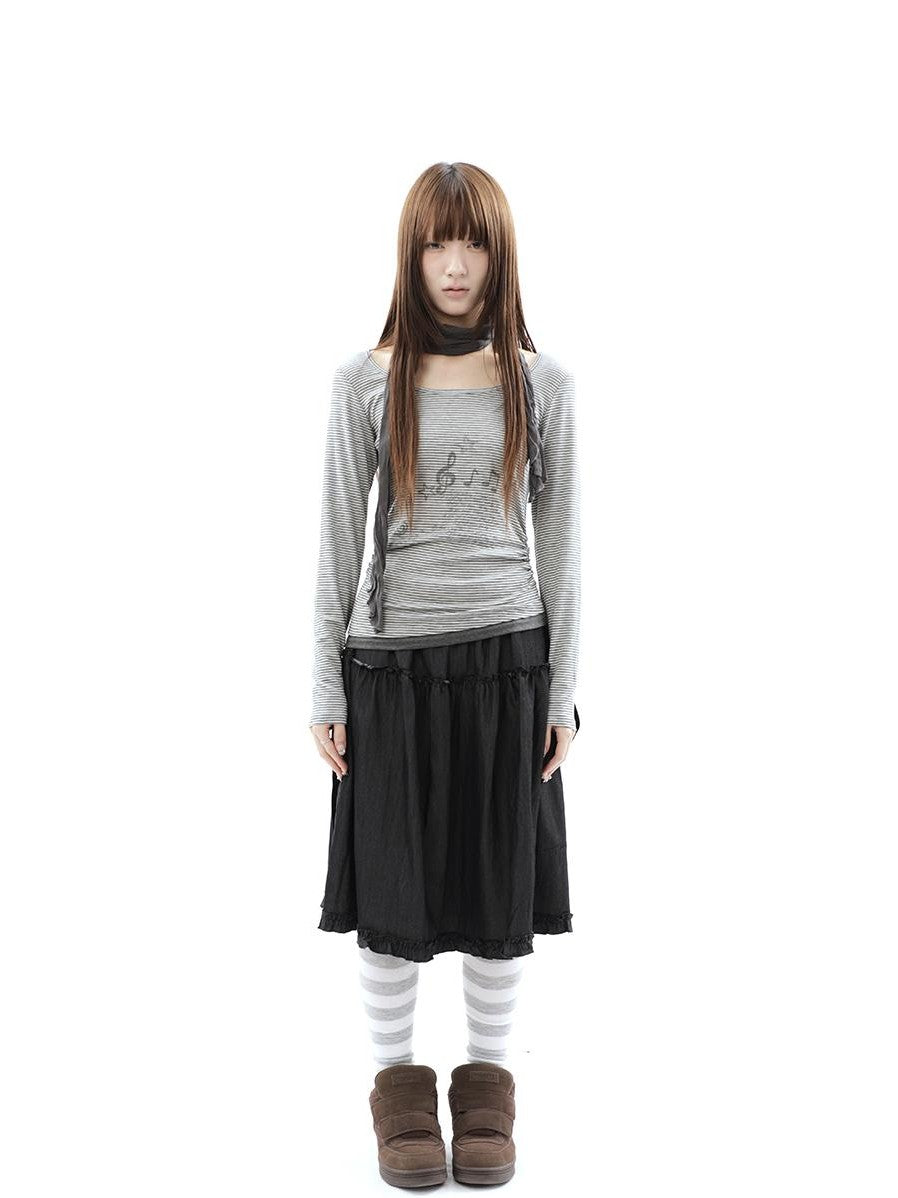 ang project Music Note Print Ruched Striped Patchwork Women&