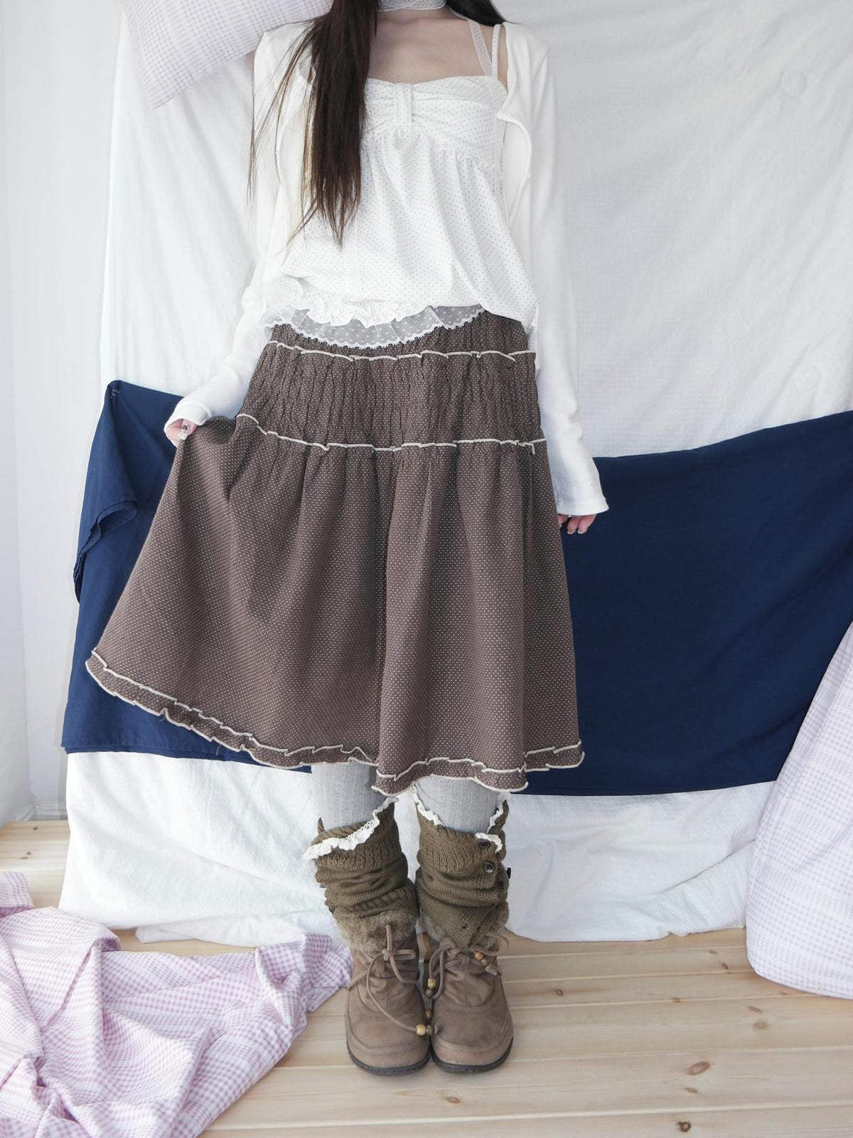 ang project Natural Ruched Smocked Ruffle Polka Dot High Waist Women&
