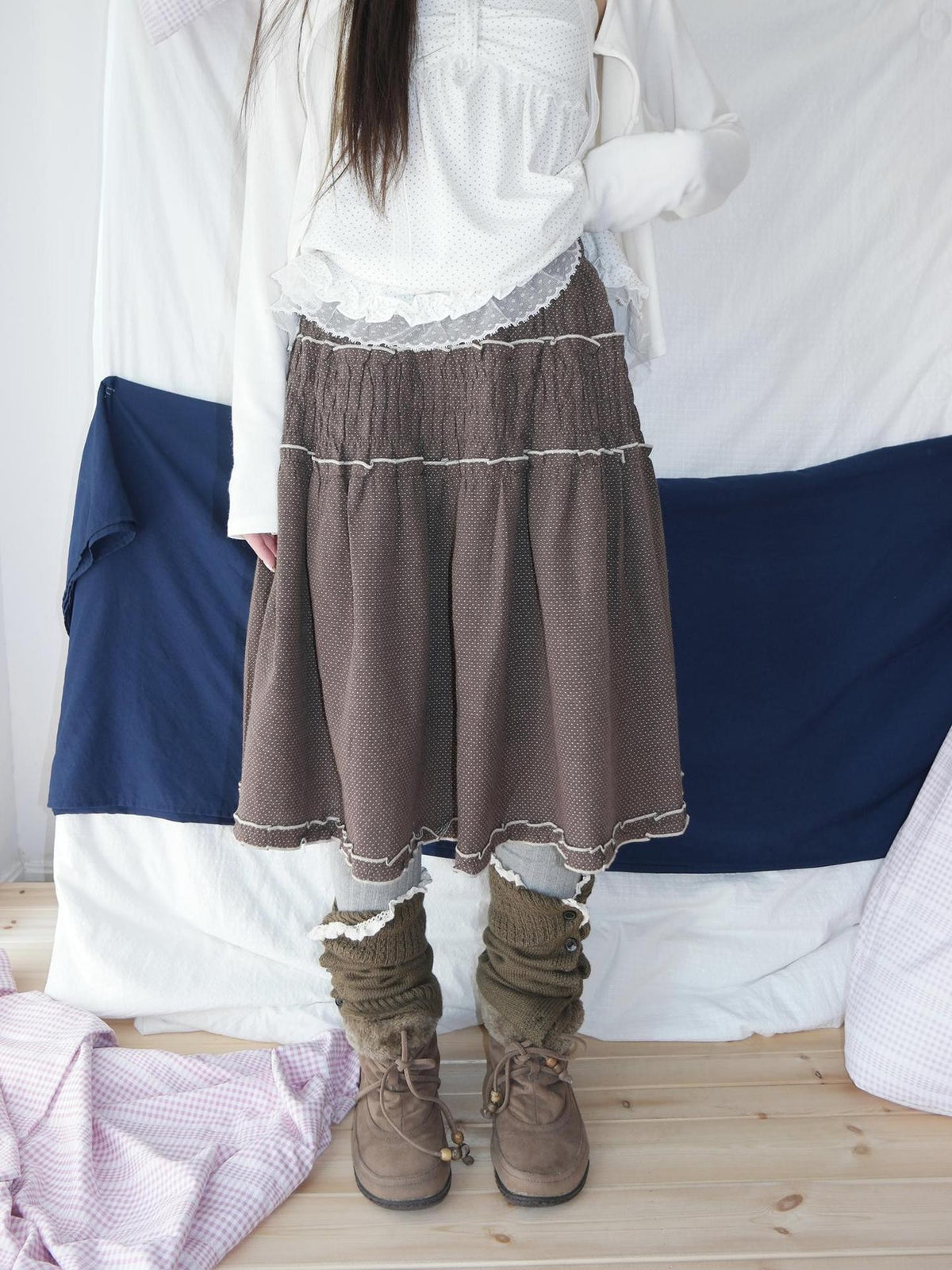 ang project Natural Ruched Smocked Ruffle Polka Dot High Waist Women&
