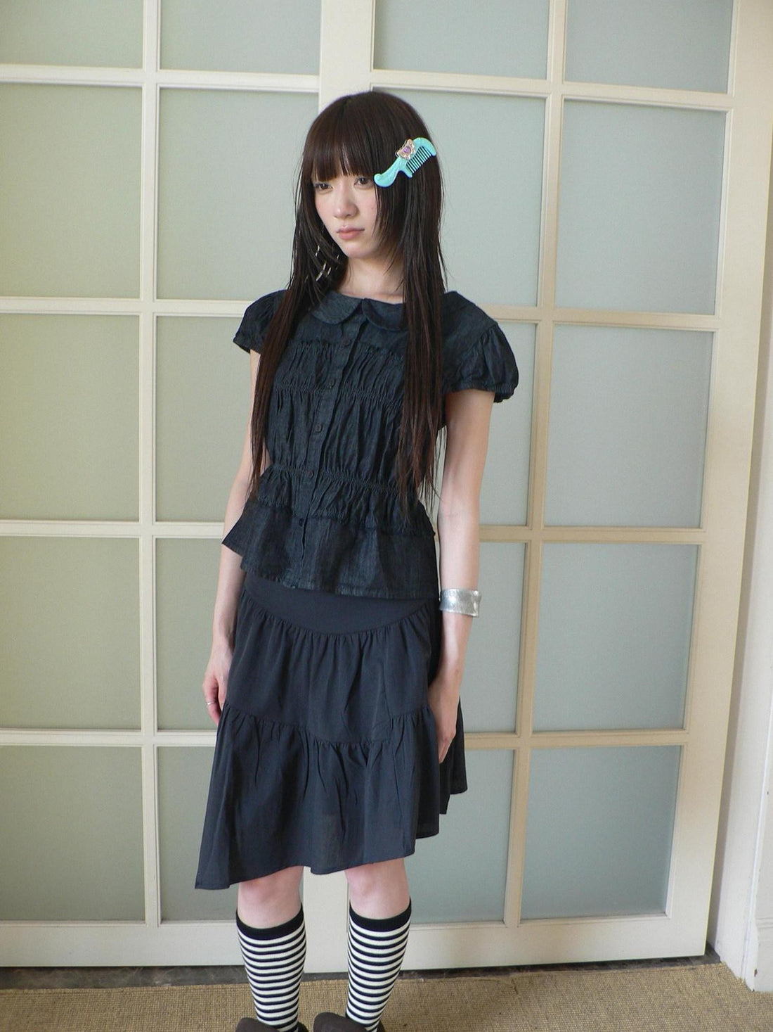 ang project Navy Pleated Doll Collar Puff Sleeve Women&