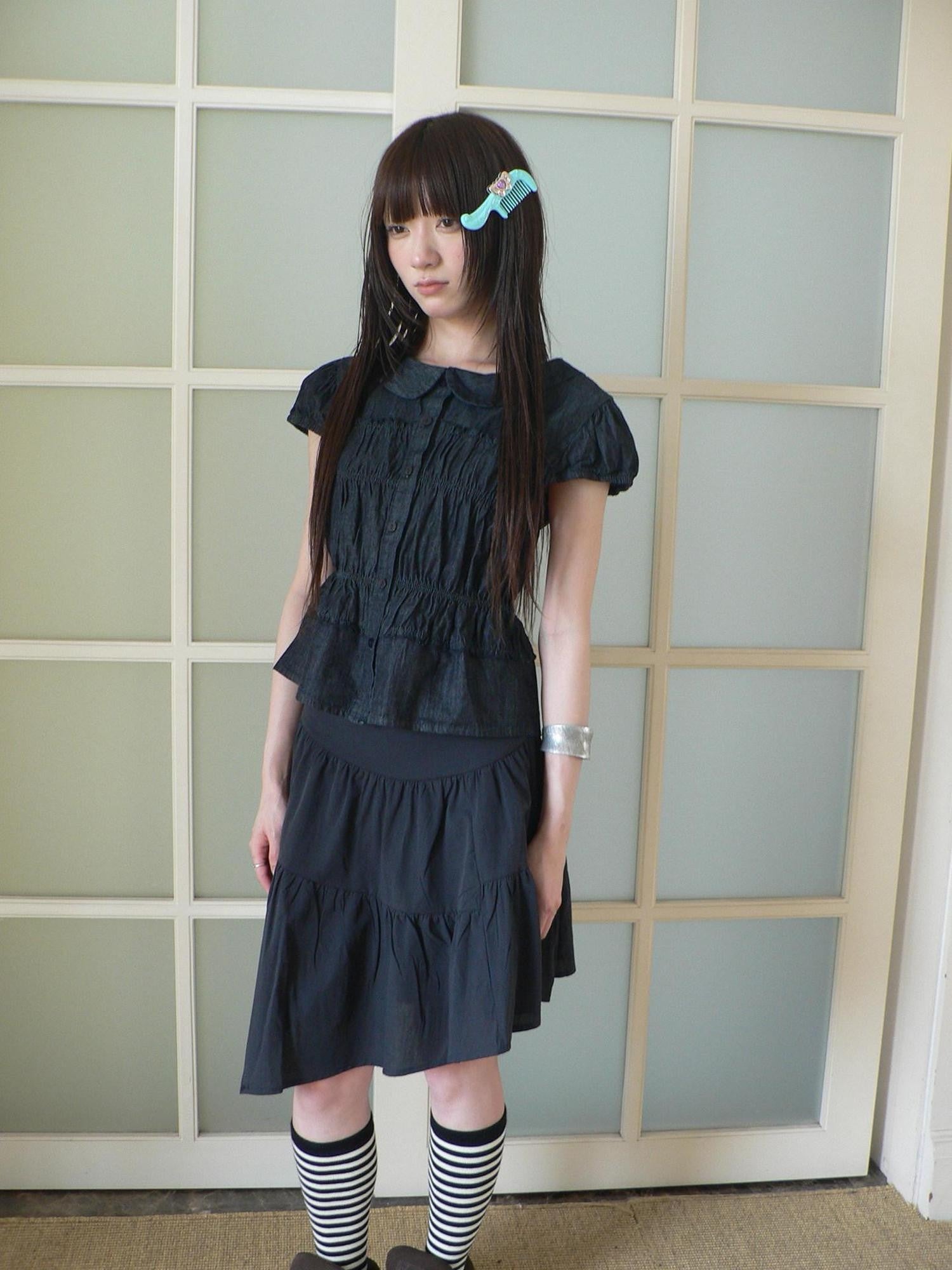 ang project Navy Pleated Doll Collar Puff Sleeve Women&