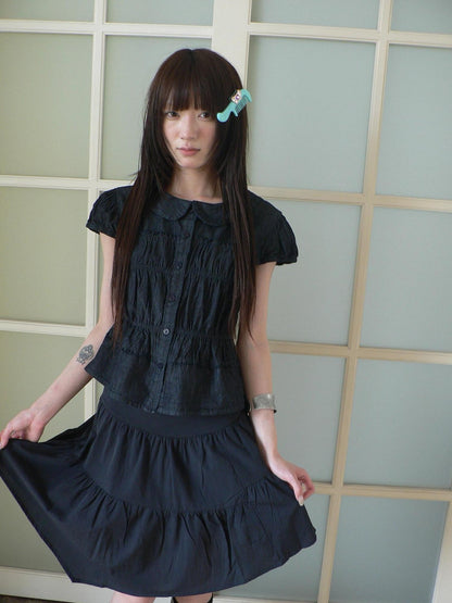 ang project Navy Pleated Doll Collar Puff Sleeve Women&