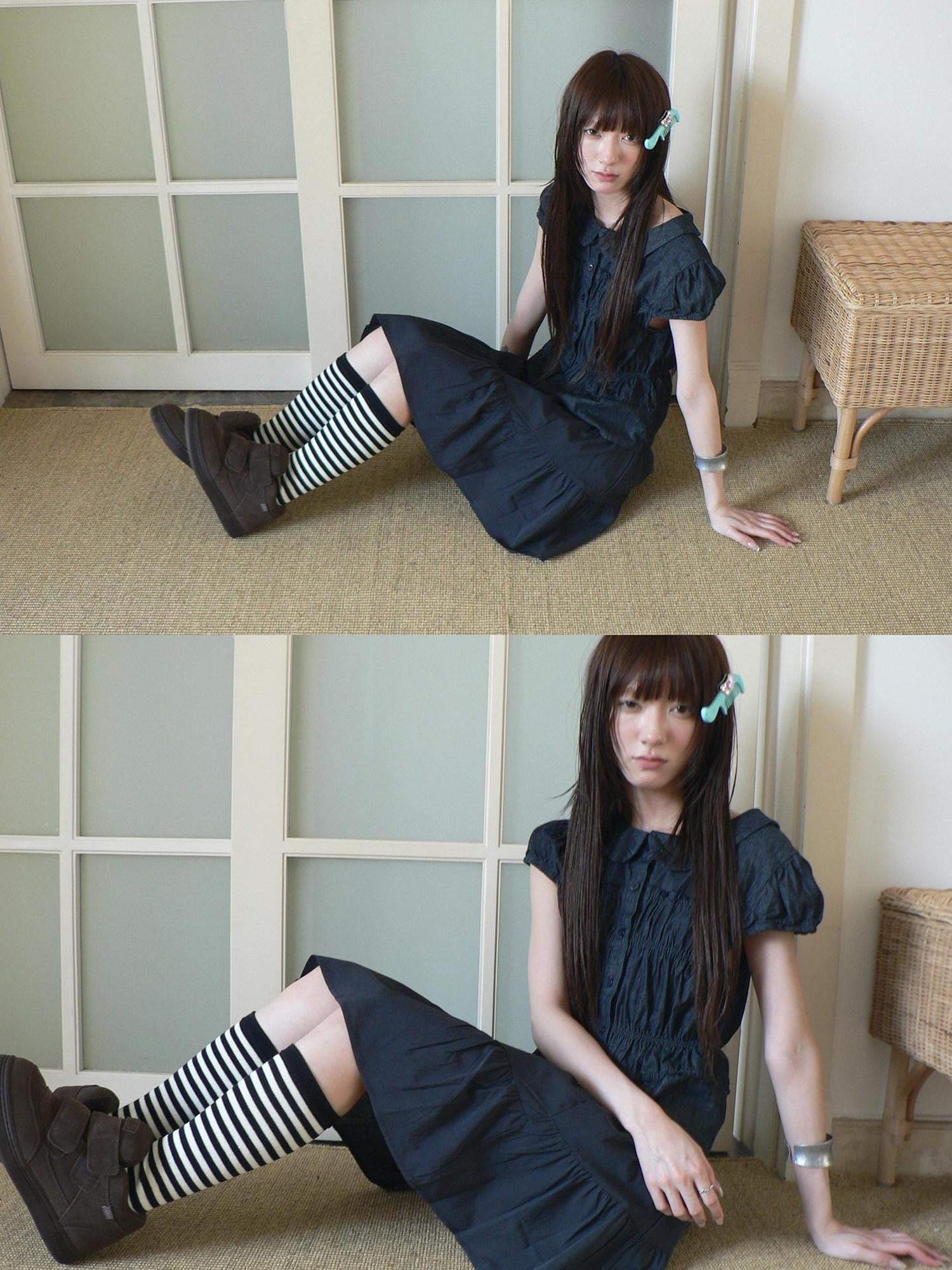 ang project Navy Pleated Doll Collar Puff Sleeve Women&
