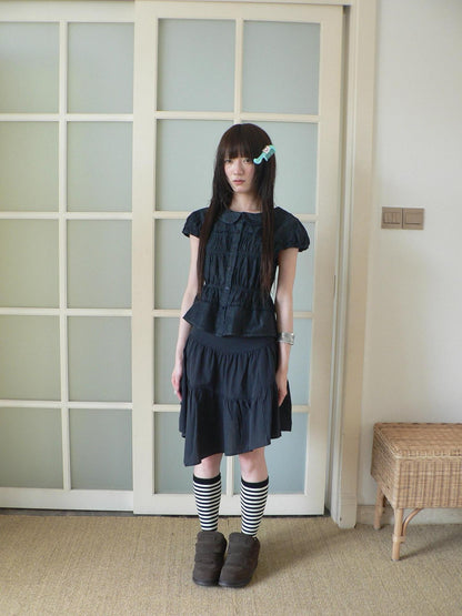 ang project Navy Pleated Doll Collar Puff Sleeve Women&
