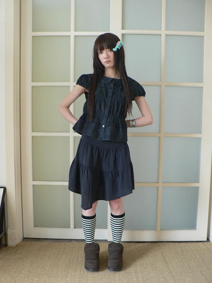 ang project Navy Pleated Doll Collar Puff Sleeve Women&