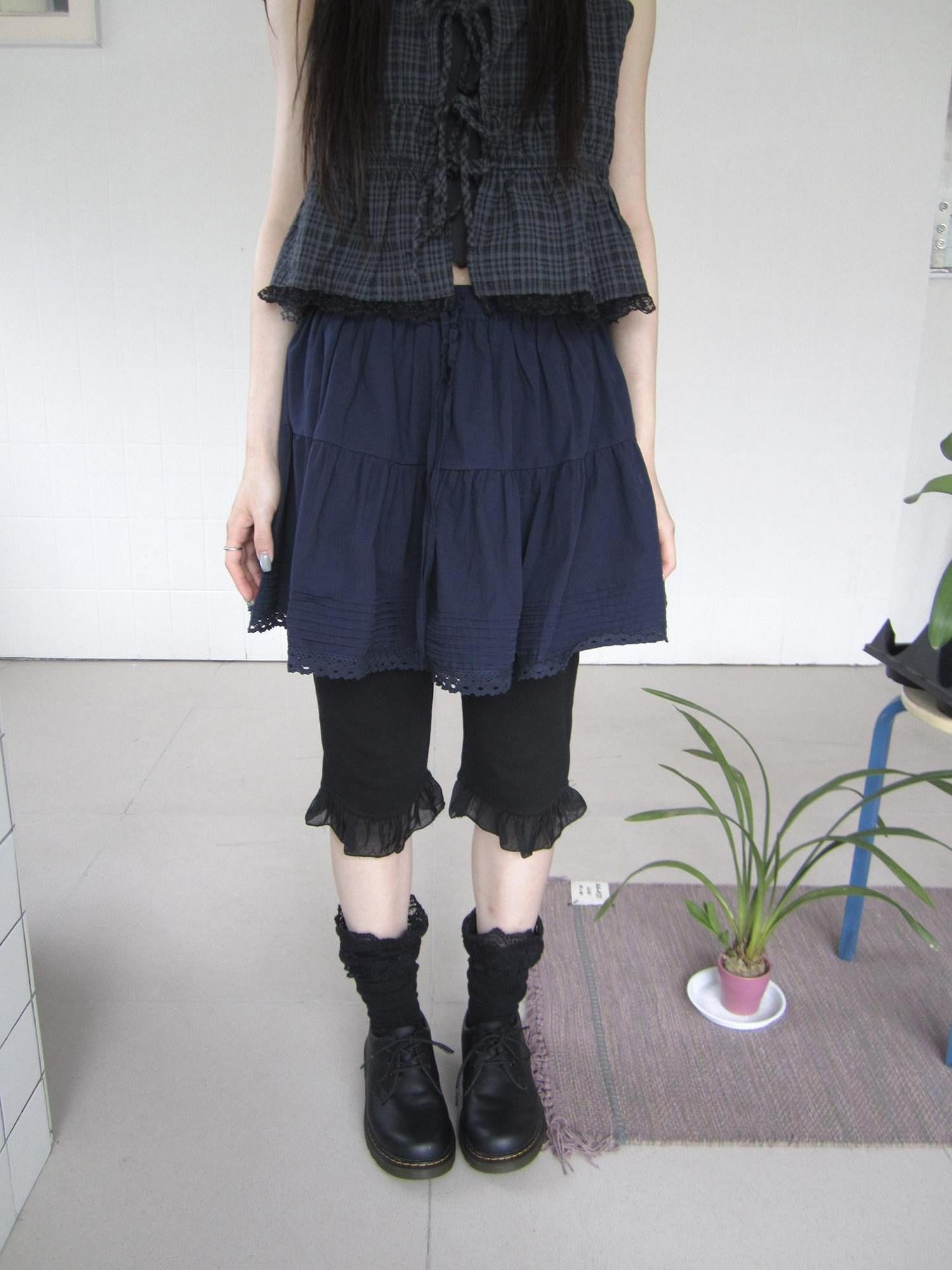 ang project Navy Pleated Lace Spliced Women&