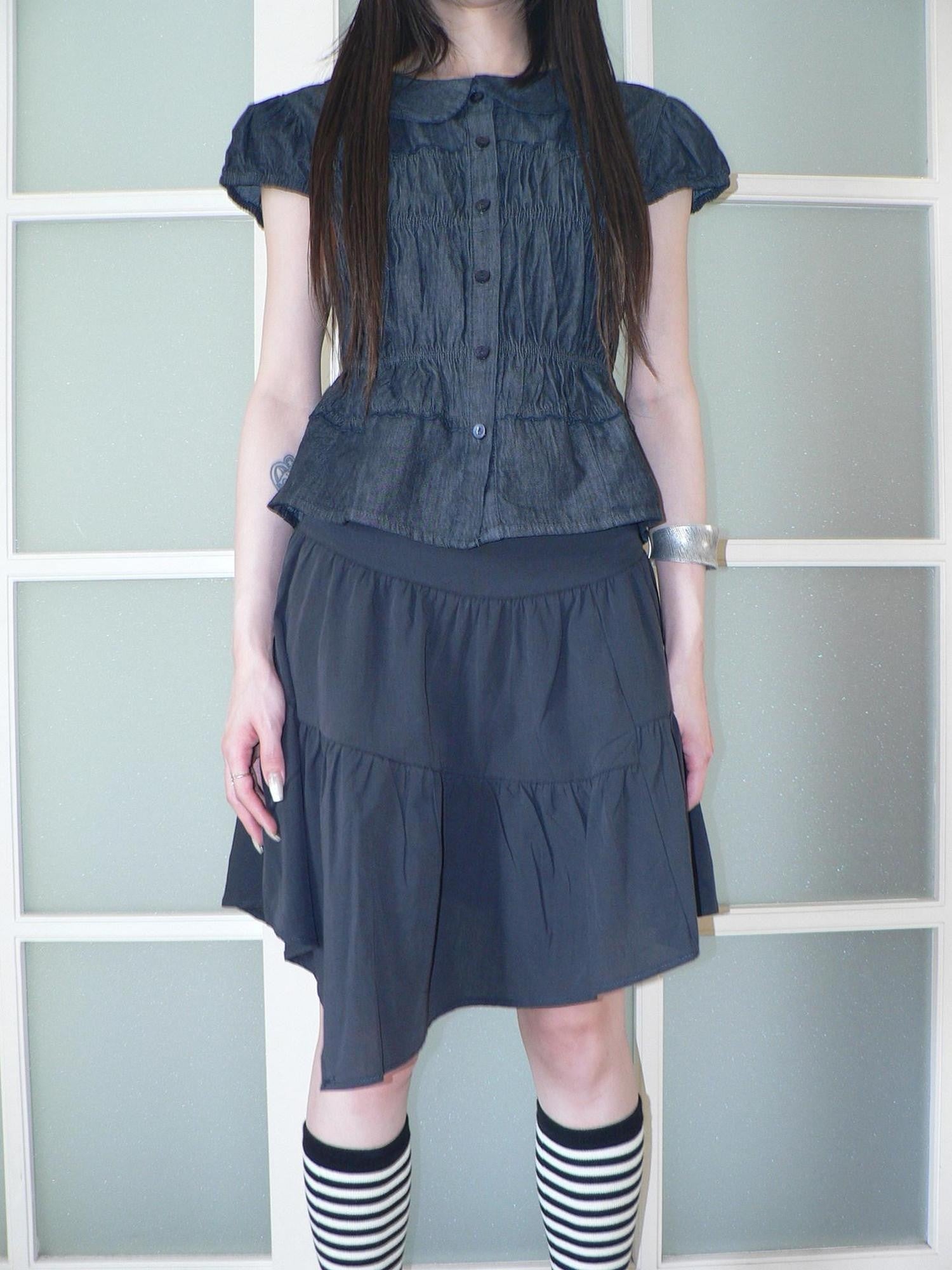 ang project Navy Vintage Asymmetric Pleated High Waist A Line Side Zipper Women&