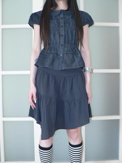 ang project Navy Vintage Asymmetric Pleated High Waist A Line Side Zipper Women&