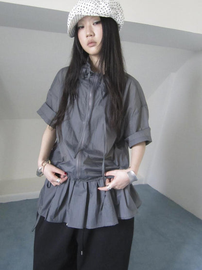 Updateang project New Korean Functional Thin Layer Hem Hip Curtain Short Sleeve T-shirt Two-Piece Set