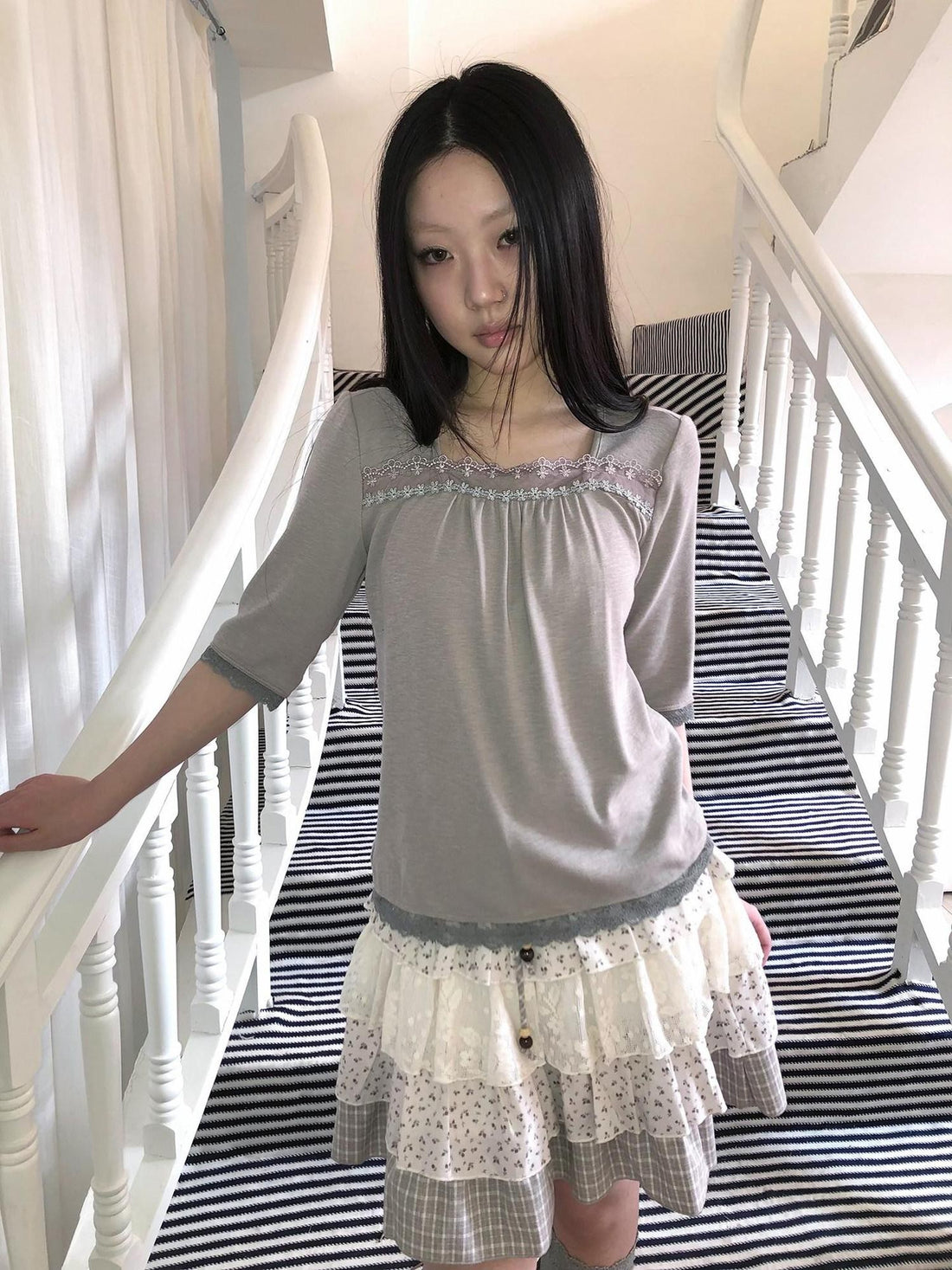 ang project Oatmeal Grey Lace Trim Spliced Square Neck Fitted Women&
