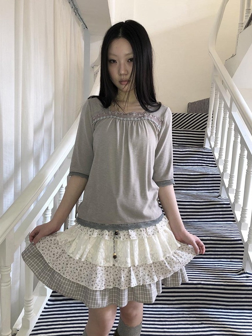 ang project Oatmeal Grey Lace Trim Spliced Square Neck Fitted Women&