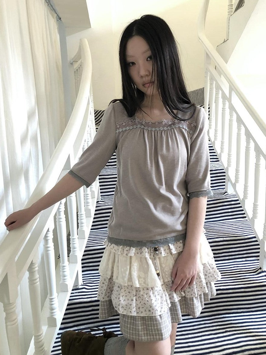 ang project Oatmeal Grey Lace Trim Spliced Square Neck Fitted Women&