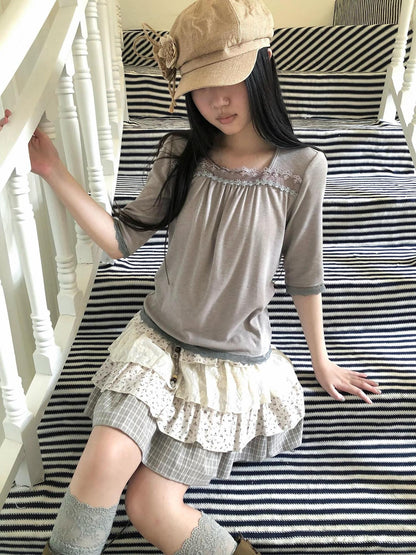 ang project Oatmeal Grey Lace Trim Spliced Square Neck Fitted Women&
