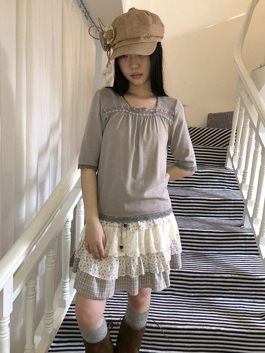ang project Oatmeal Grey Lace Trim Spliced Square Neck Fitted Women&