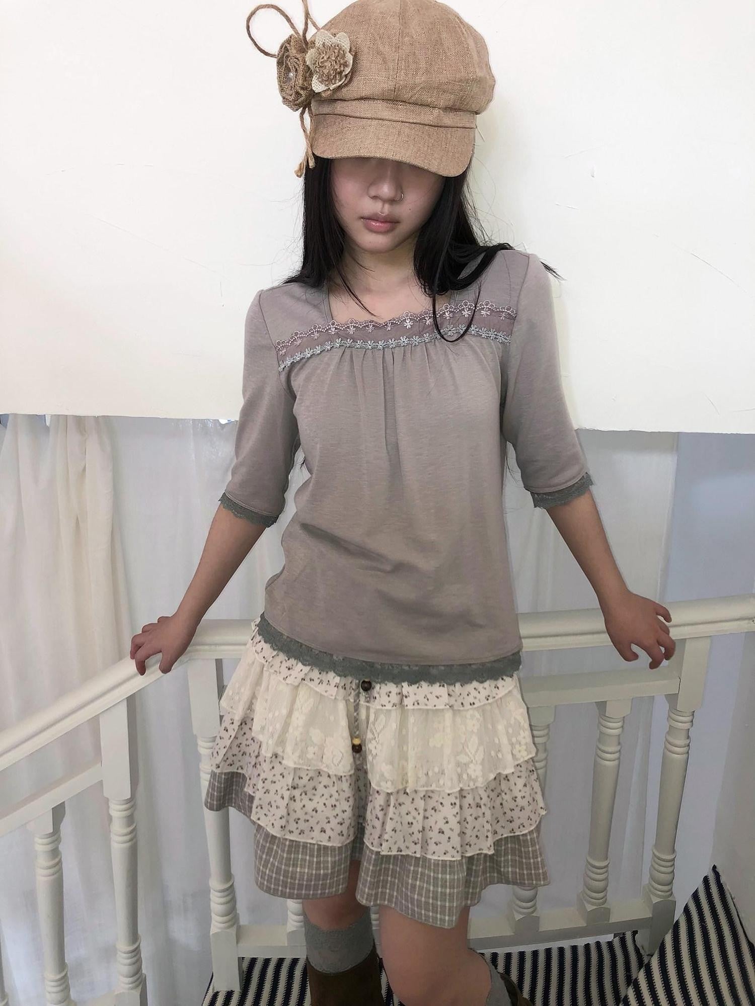 ang project Oatmeal Grey Lace Trim Spliced Square Neck Fitted Women&