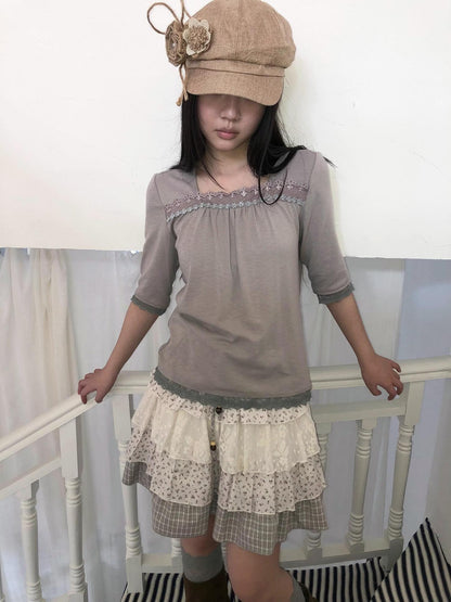 ang project Oatmeal Grey Lace Trim Spliced Square Neck Fitted Women&