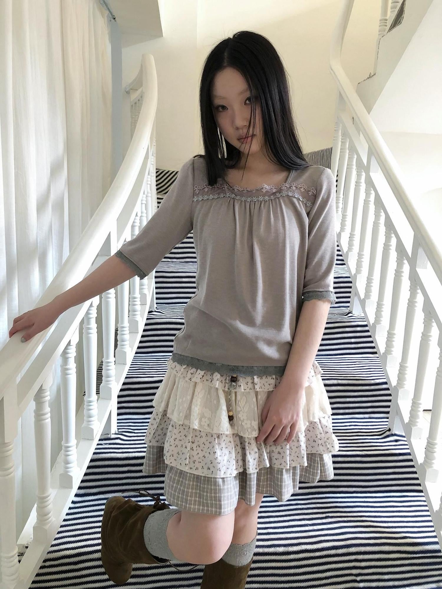 ang project Oatmeal Grey Lace Trim Spliced Square Neck Fitted Women&