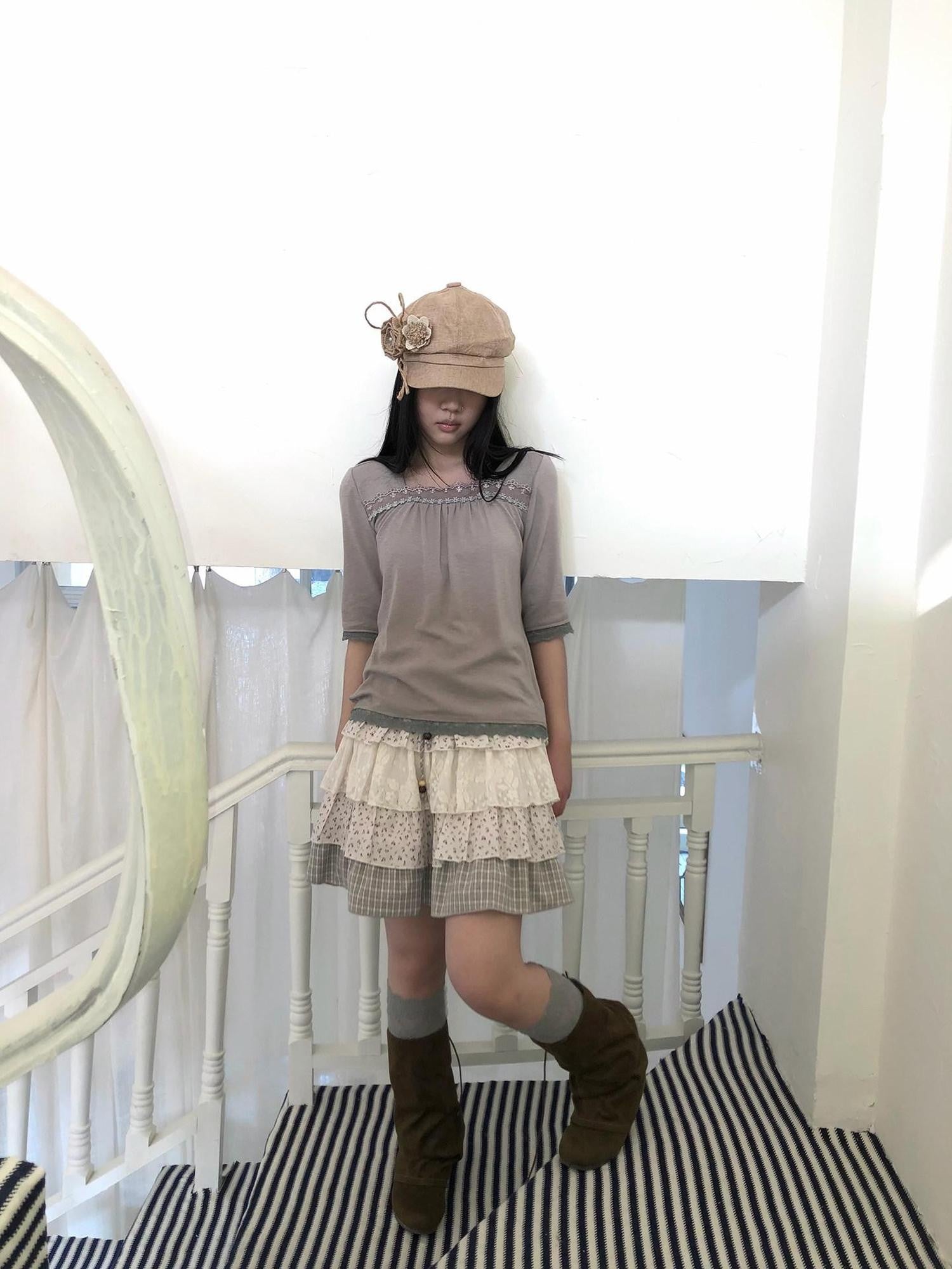 ang project Oatmeal Grey Lace Trim Spliced Square Neck Fitted Women&