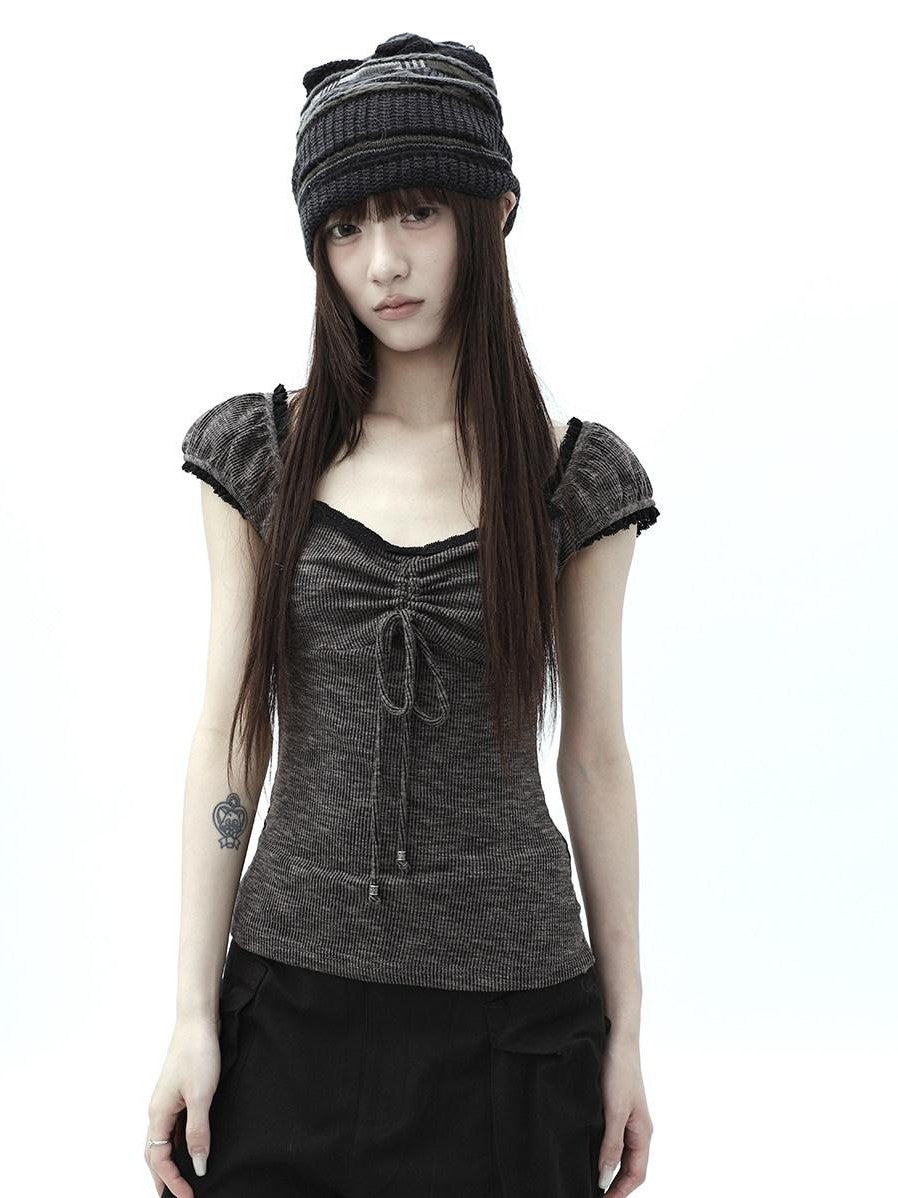 ang project Oatmeal Lace Spliced Pleated Puff Tie Women&