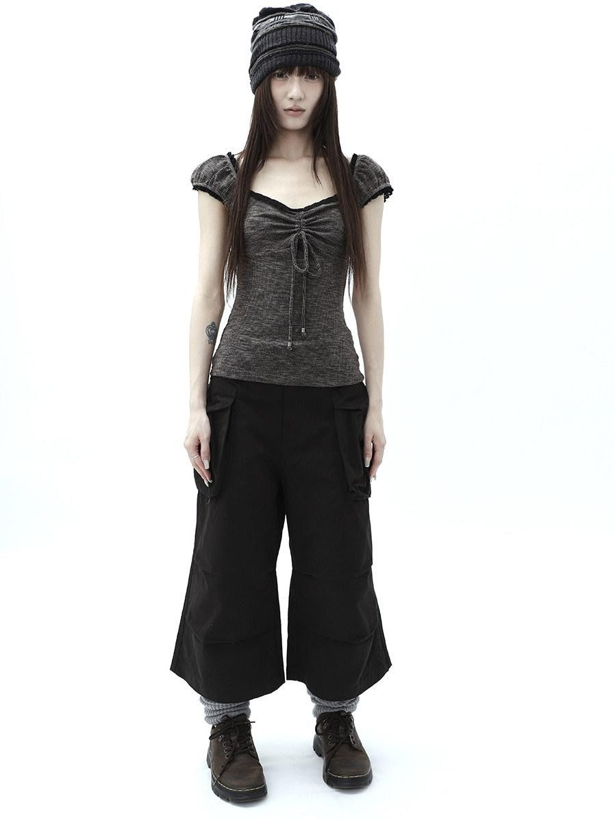 ang project Oatmeal Lace Spliced Pleated Puff Tie Women&