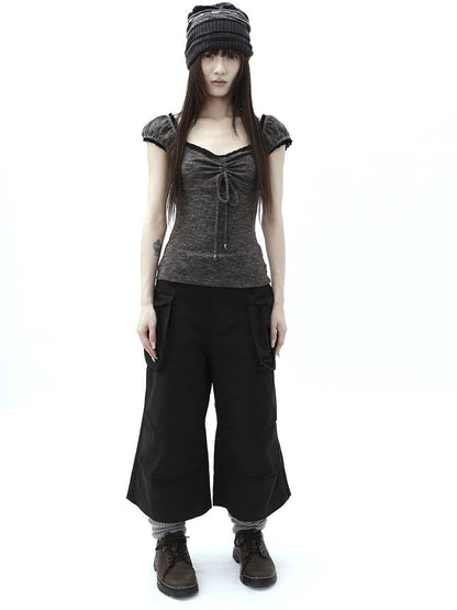 ang project Oatmeal Lace Spliced Pleated Puff Tie Women&
