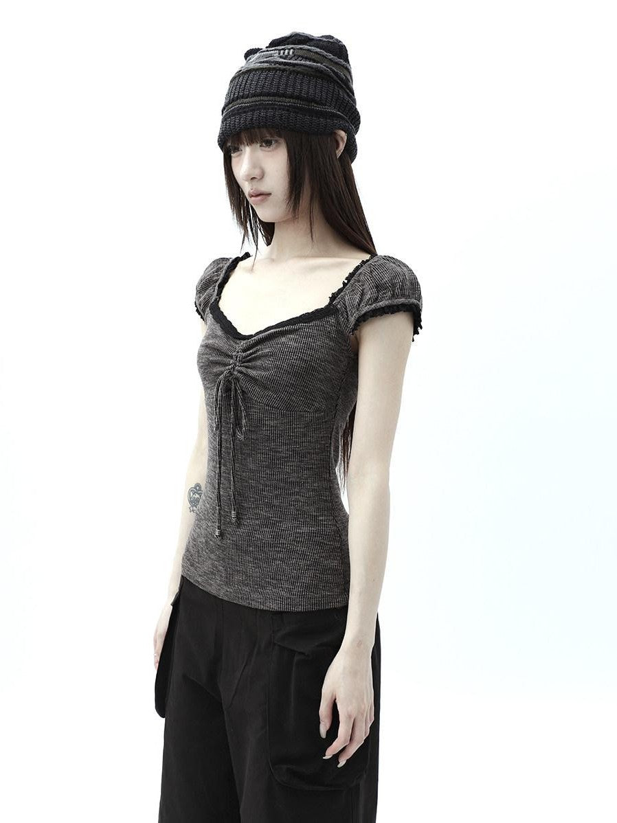 ang project Oatmeal Lace Spliced Pleated Puff Tie Women&