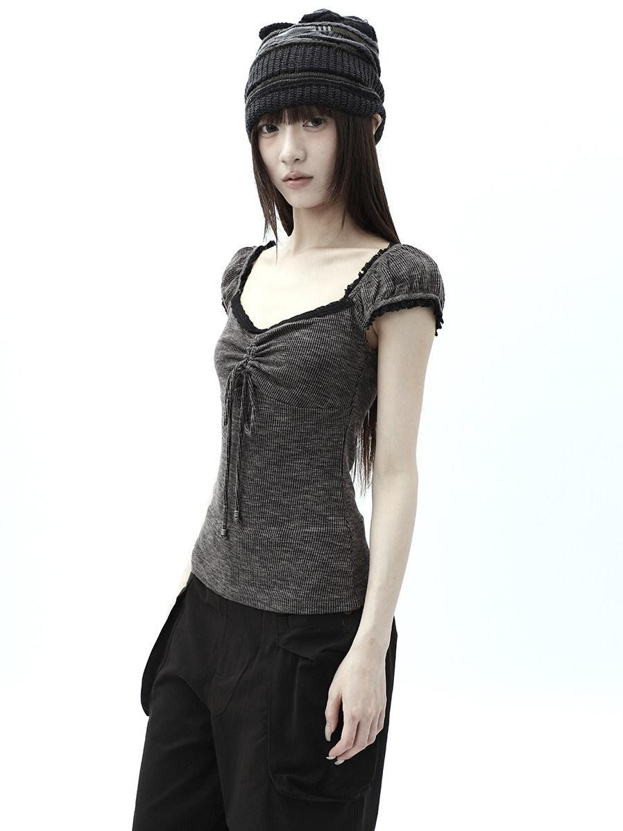 ang project Oatmeal Lace Spliced Pleated Puff Tie Women&
