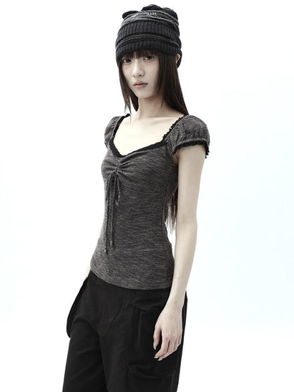 ang project Oatmeal Lace Spliced Pleated Puff Tie Women&