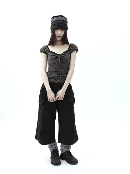 ang project Oatmeal Lace Spliced Pleated Puff Tie Women&