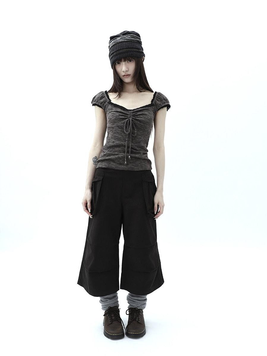 ang project Oatmeal Lace Spliced Pleated Puff Tie Women&