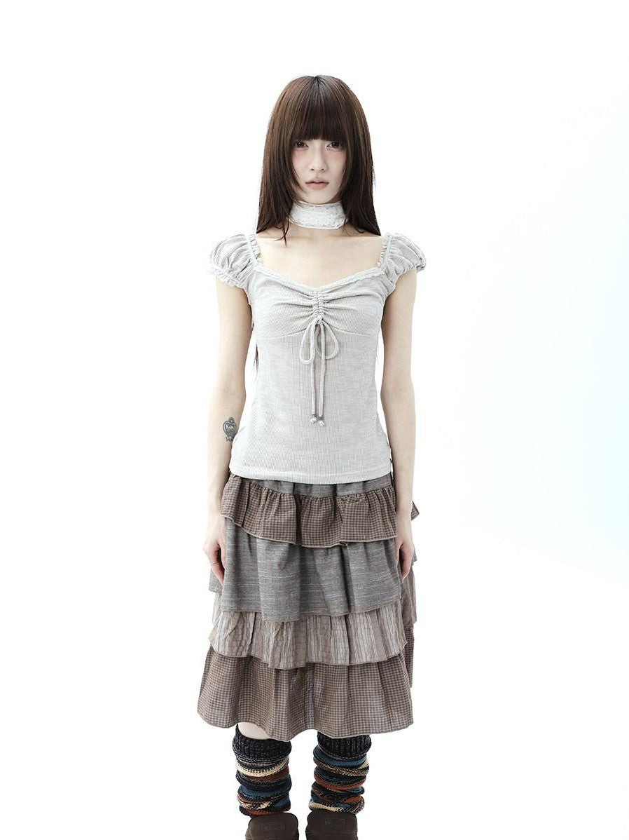 ang project Oatmeal Lace Spliced Pleated Puff Tie Women&