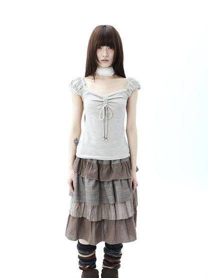 ang project Oatmeal Lace Spliced Pleated Puff Tie Women&