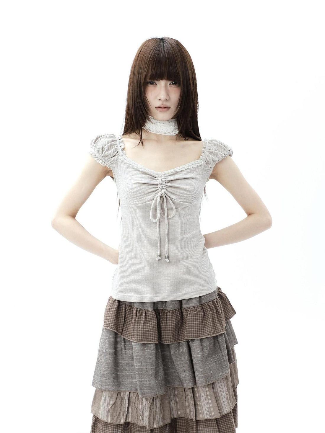 ang project Oatmeal Lace Spliced Pleated Puff Tie Women&