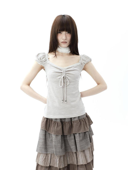ang project Oatmeal Lace Spliced Pleated Puff Tie Women&