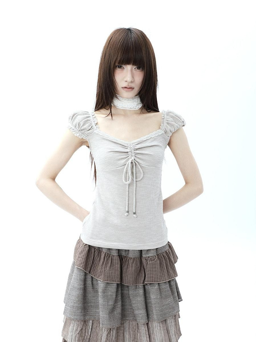 ang project Oatmeal Lace Spliced Pleated Puff Tie Women&