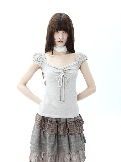 ang project Oatmeal Lace Spliced Pleated Puff Tie Women&