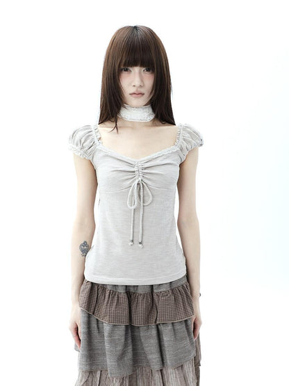 ang project Oatmeal Lace Spliced Pleated Puff Tie Women&