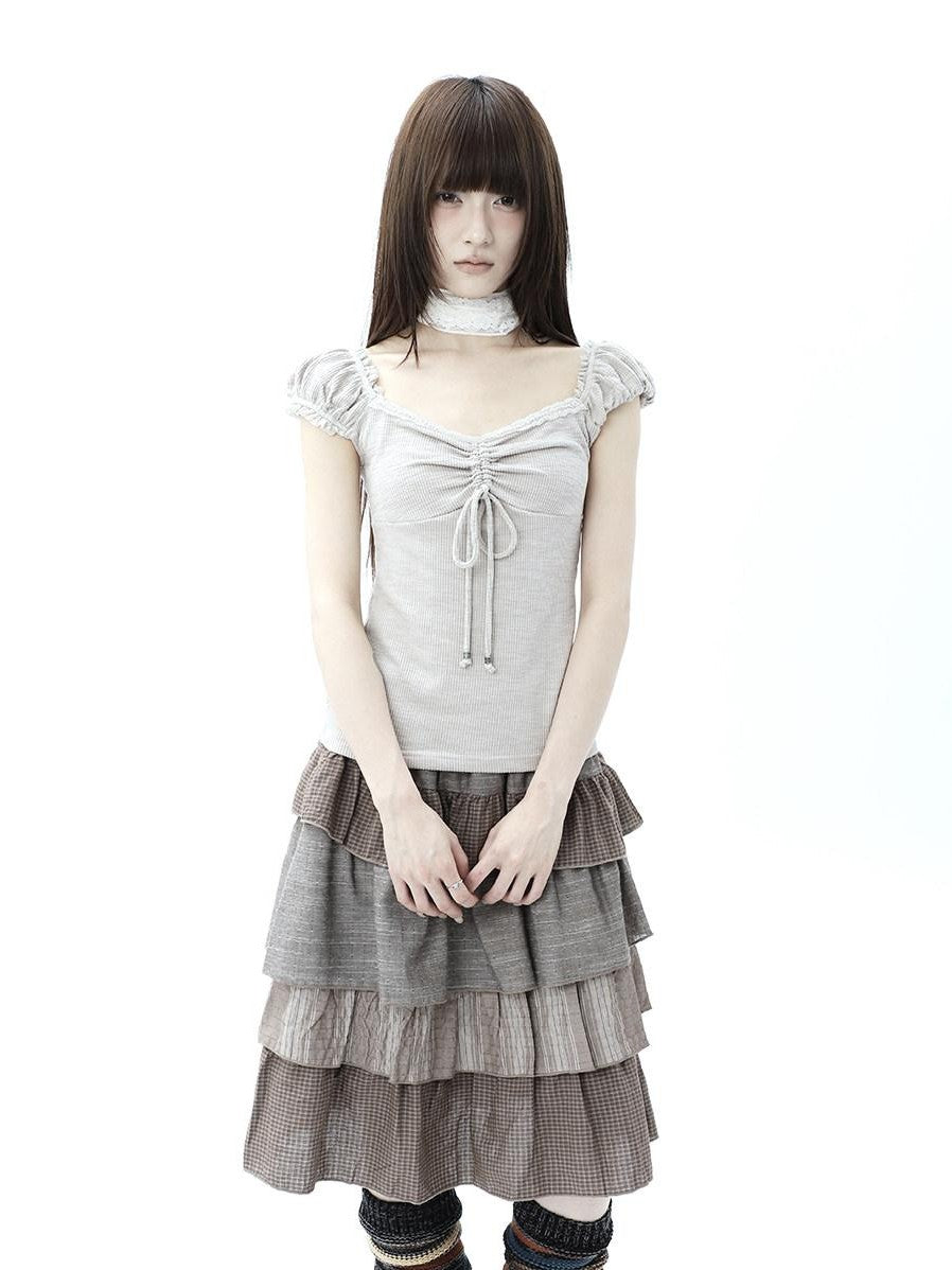 ang project Oatmeal Lace Spliced Pleated Puff Tie Women&