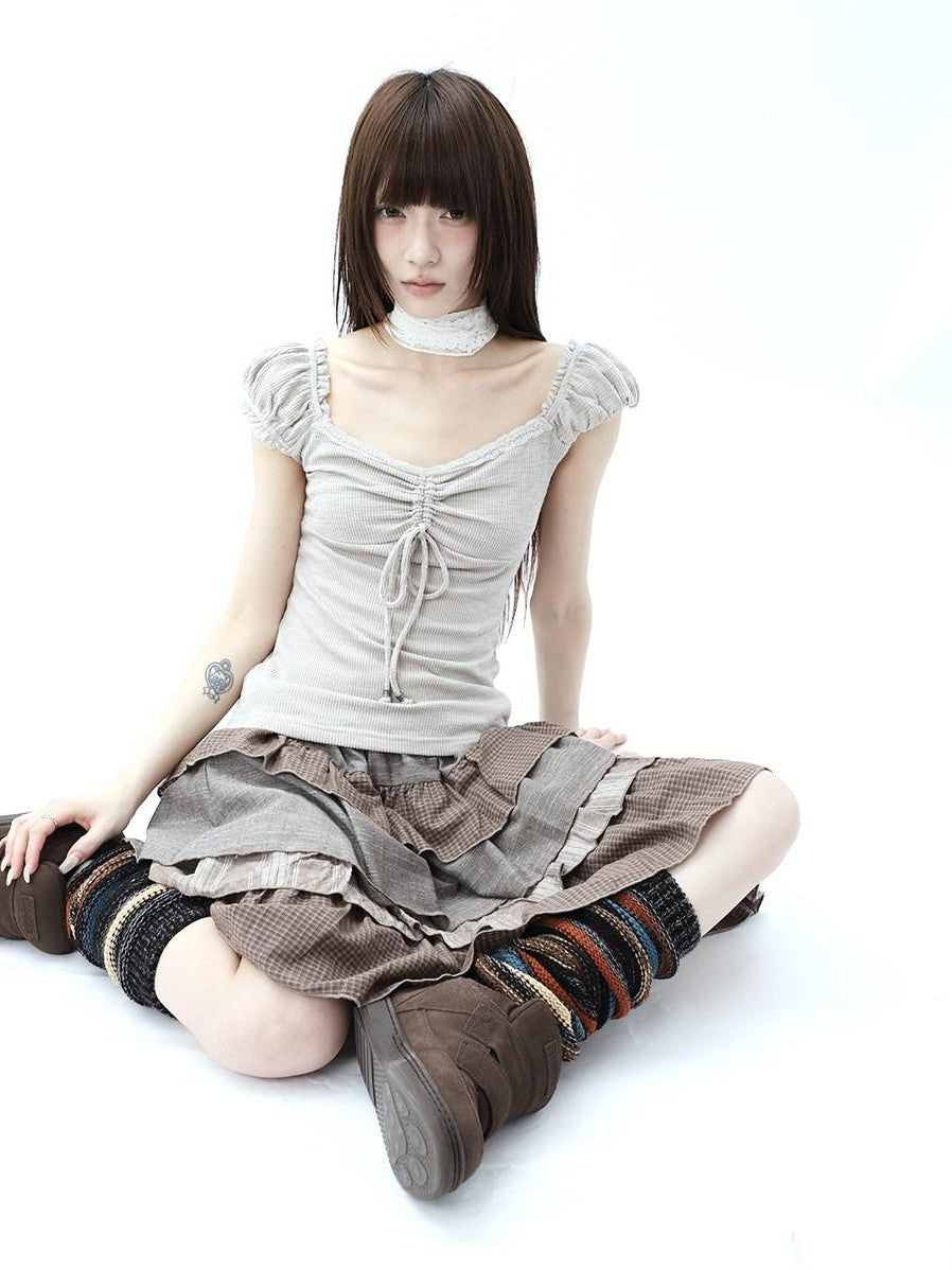 ang project Oatmeal Lace Spliced Pleated Puff Tie Women&