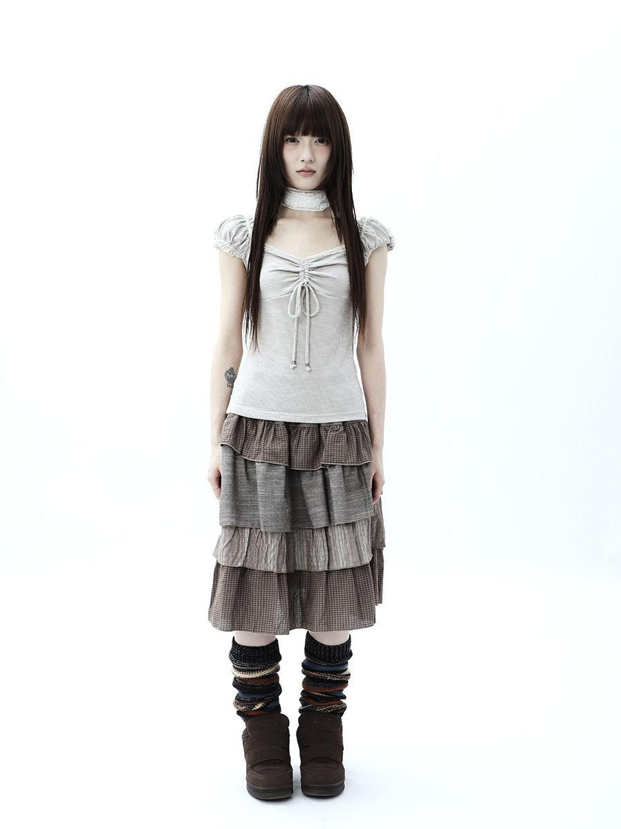 ang project Oatmeal Lace Spliced Pleated Puff Tie Women&